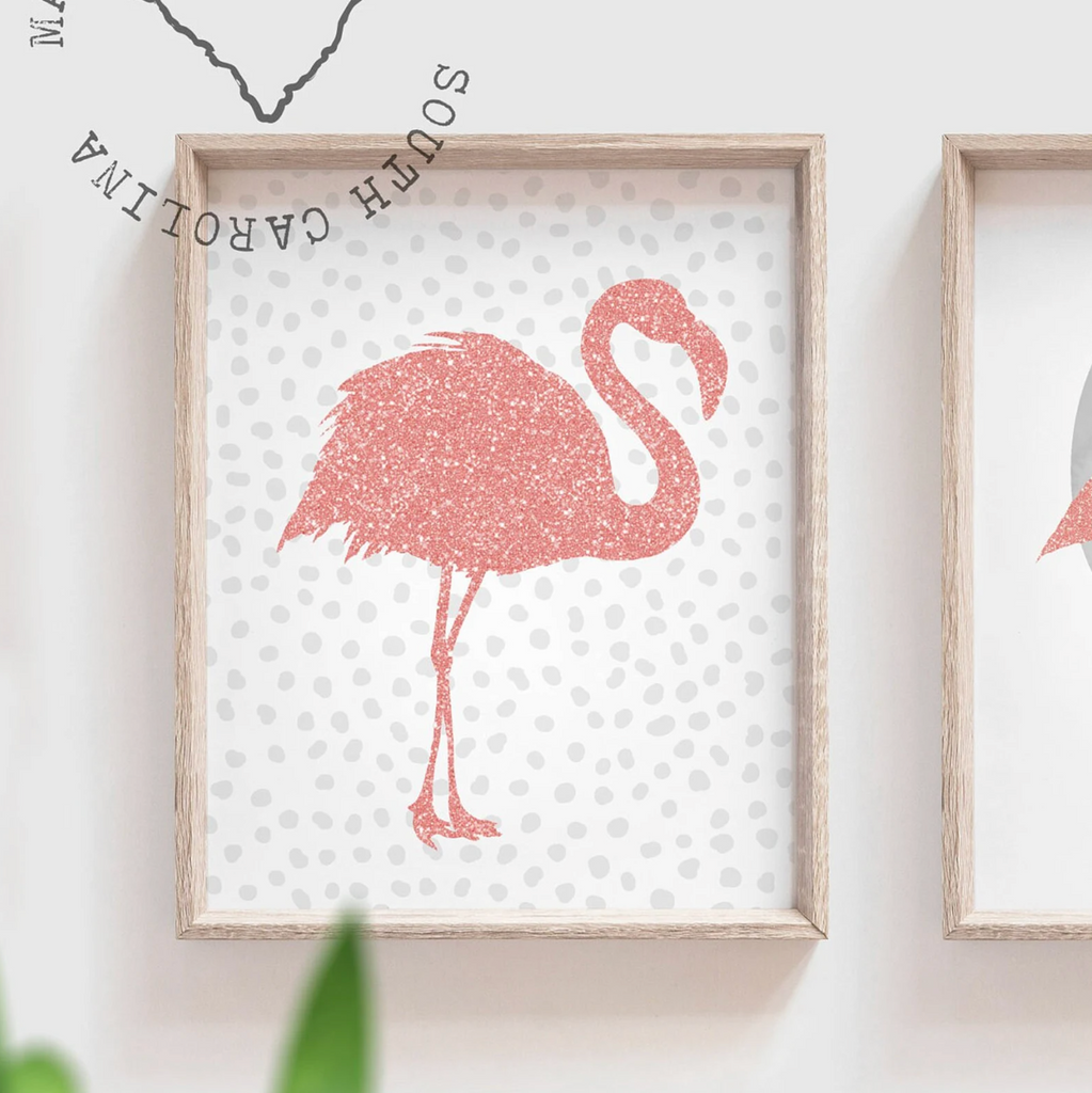 Rose gold glitter flamingo art, tropical prints rose gold, girl's pink glittery art, girl room decor pink glitter, personalized pink gray