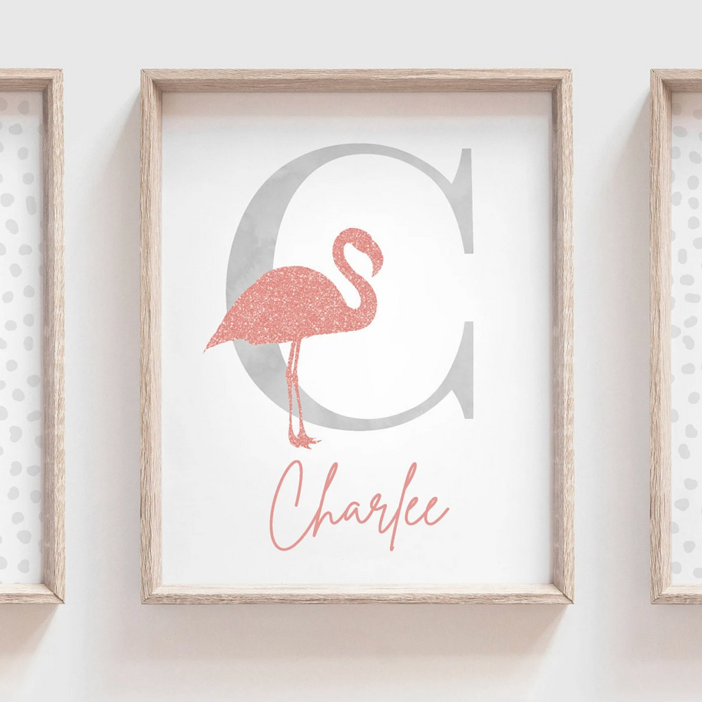Rose gold glitter flamingo art, tropical prints rose gold, girl's pink glittery art, girl room decor pink glitter, personalized pink gray