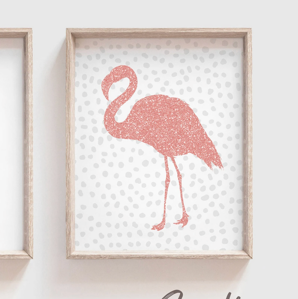 Rose gold glitter flamingo art, tropical prints rose gold, girl's pink glittery art, girl room decor pink glitter, personalized pink gray