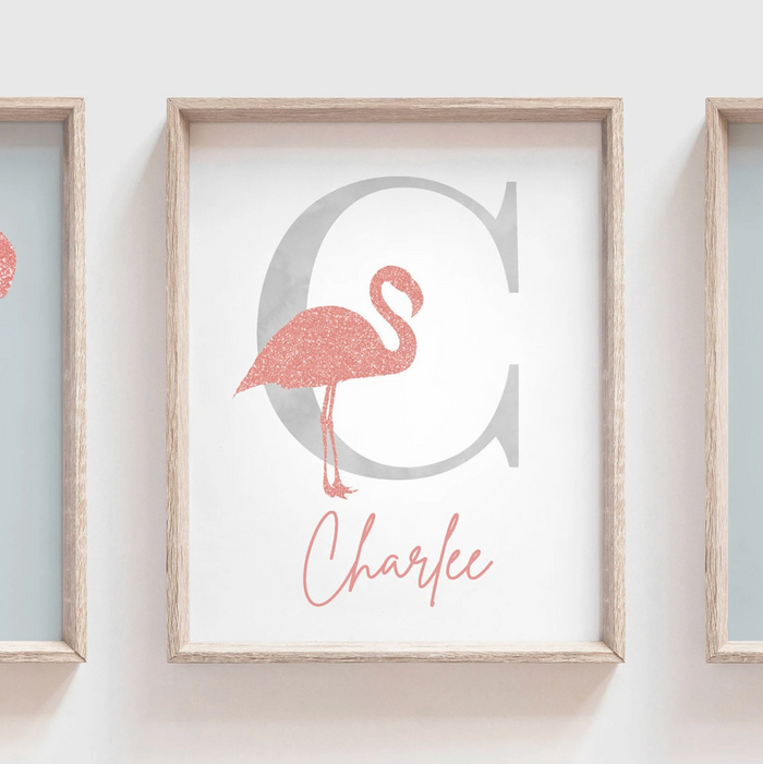 Sparkle rose gold glitter flamingo art, tropical prints rose gold, girl's pink glittery art, girl room decor pink glitter, personalized pink gray