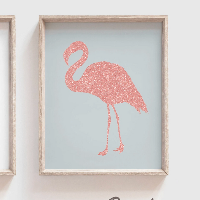 Sparkle rose gold glitter flamingo art, tropical prints rose gold, girl's pink glittery art, girl room decor pink glitter, personalized pink gray