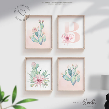 Baby girl boho cactus nursery, walls pink floral cactus prints, set of 4 flower prints, desert theme cactus bloom art, nursery succulents