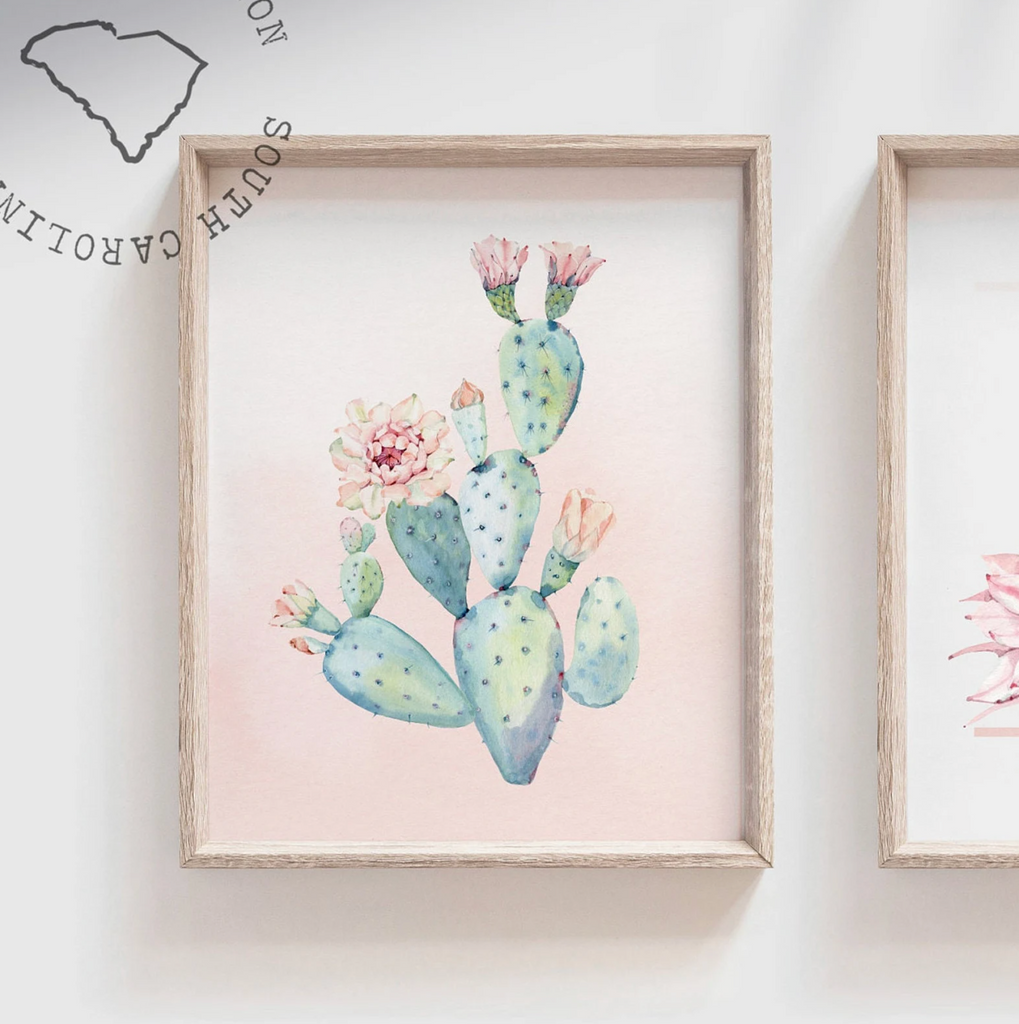 Baby girl boho cactus nursery, walls pink floral cactus prints, set of 4 flower prints, desert theme cactus bloom art, nursery succulents