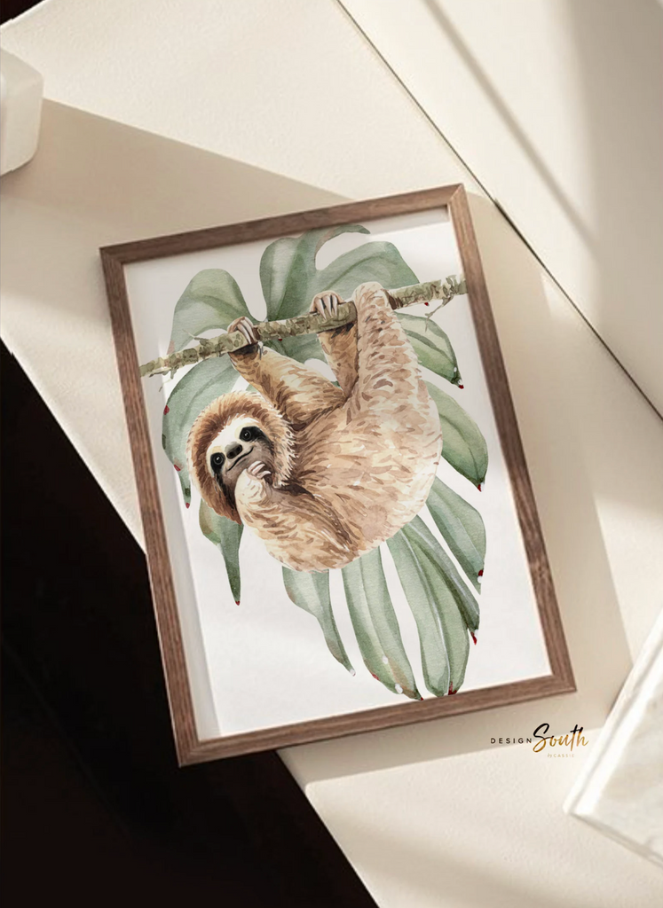 Hanging sloth wall art set, sloth themed baby nursery, sloth nursery ideas, sloth tropical rainforest room decor, neutral sloth green gray newborn