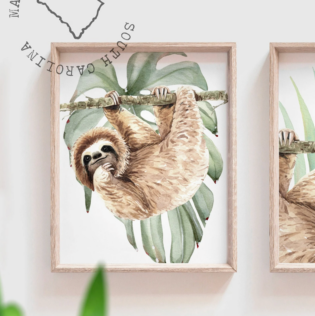 Hanging sloth wall art set, sloth themed baby nursery, sloth nursery ideas, sloth tropical rainforest room decor, neutral sloth green gray newborn