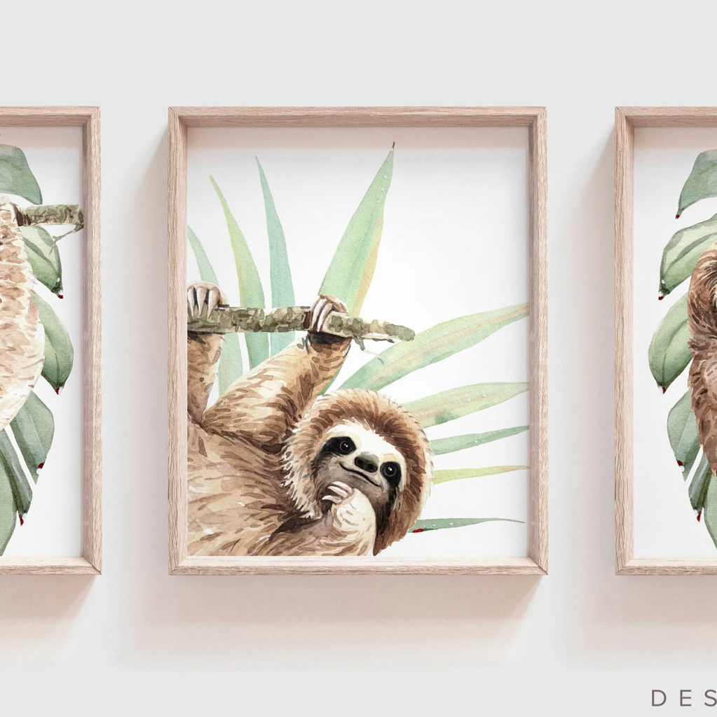 Hanging sloth wall art set, sloth themed baby nursery, sloth nursery ideas, sloth tropical rainforest room decor, neutral sloth green gray newborn