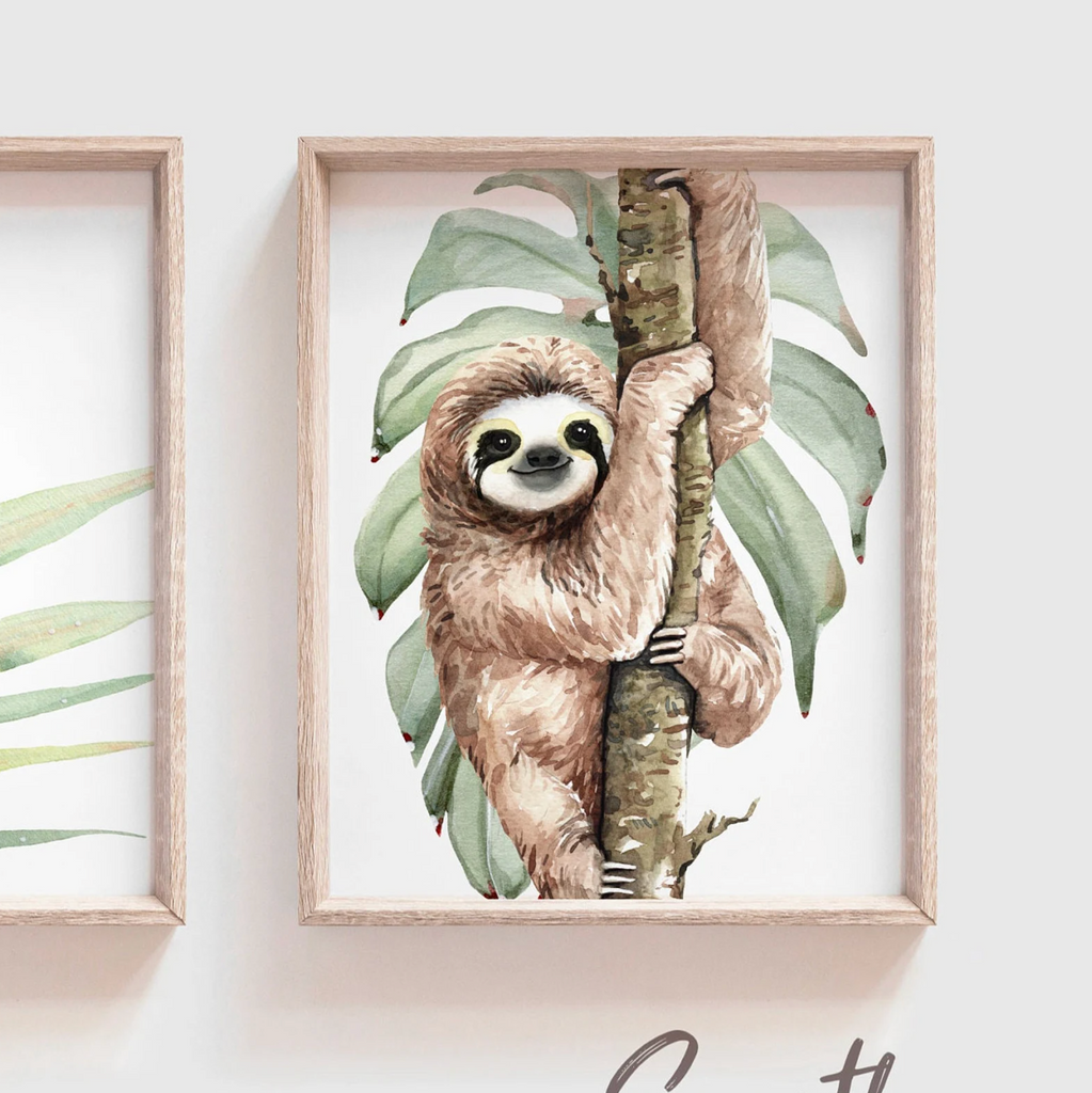 Hanging sloth wall art set, sloth themed baby nursery, sloth nursery ideas, sloth tropical rainforest room decor, neutral sloth green gray newborn