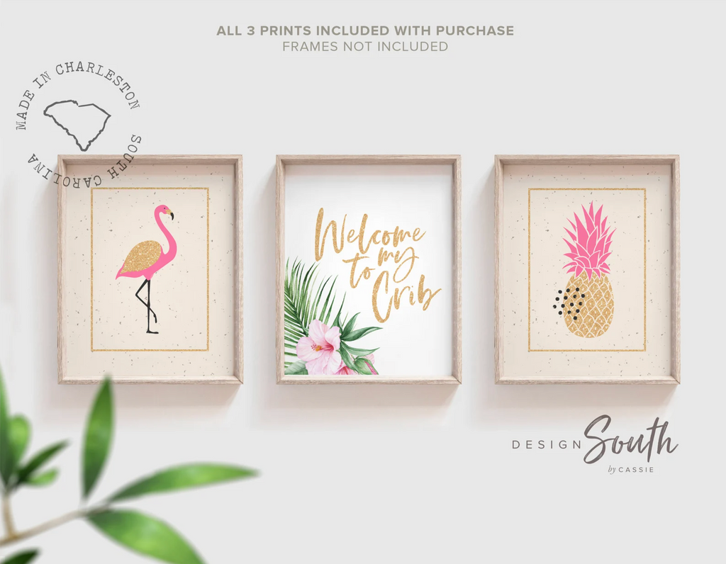 Textured girl tropical accent nursery decor, tropical animal theme, ivory and pink flamingo tropical nursery, girl nursery design, flamingo decor, pineapple art gold
