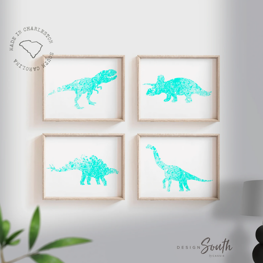 Aqua dinosaur art, wall art prints dinosaur collection in aqua teal blue, aqua dinosaur print, kid art prints dinosaur, bedroom dinosaur art
