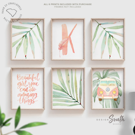 Vintage VW bus nursery, VW peace beach prints, peace bus tropical plants, summer beach bedroom prints, pink surf beach nursery decor girl