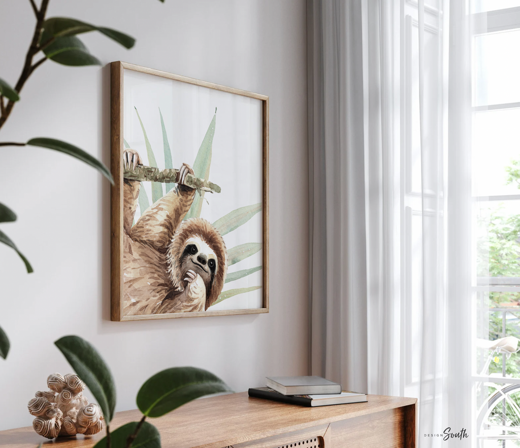 Hanging sloth wall art set, sloth themed baby nursery, sloth nursery ideas, sloth tropical rainforest room decor, neutral sloth green gray newborn