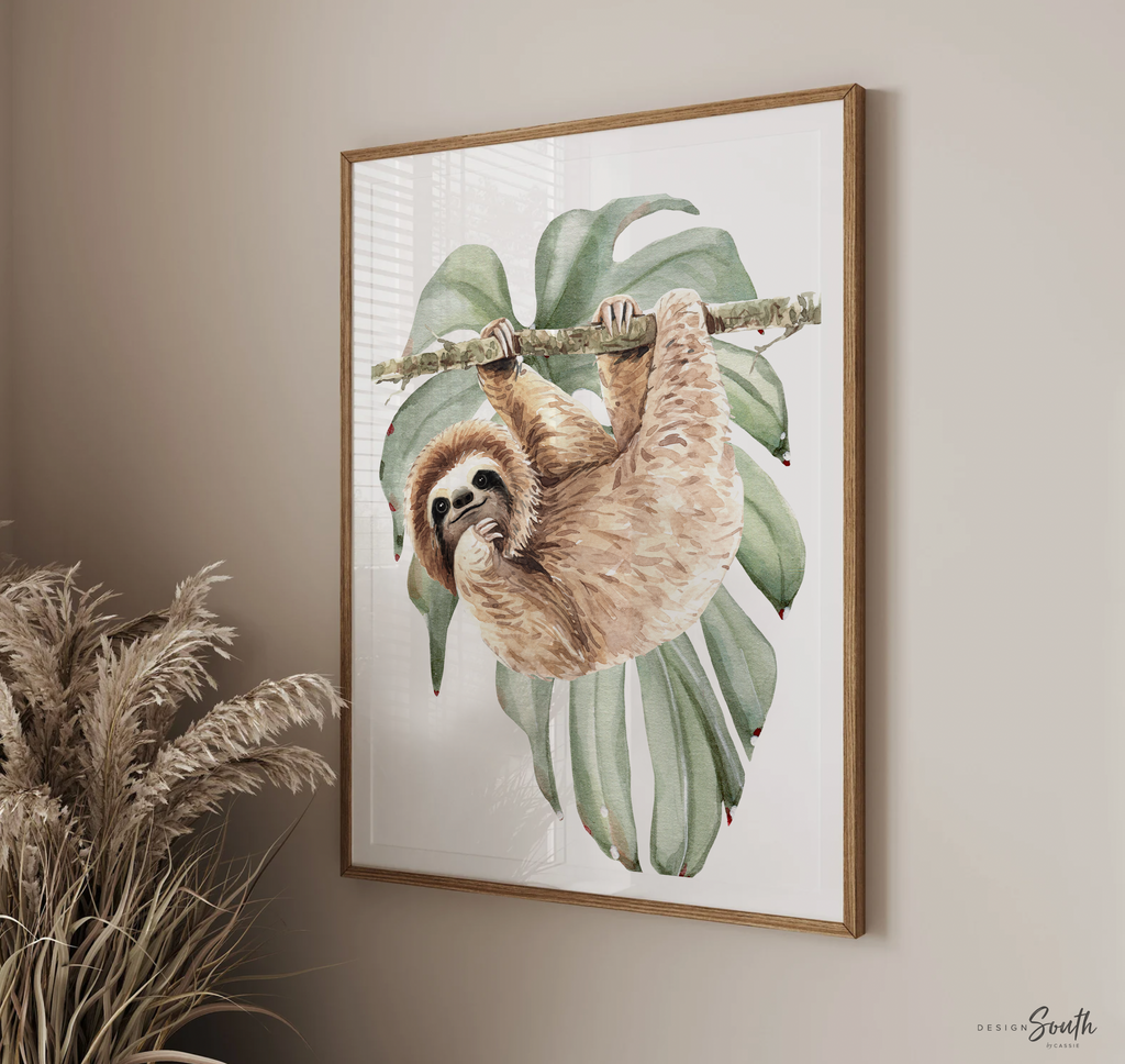 Hanging sloth wall art set, sloth themed baby nursery, sloth nursery ideas, sloth tropical rainforest room decor, neutral sloth green gray newborn