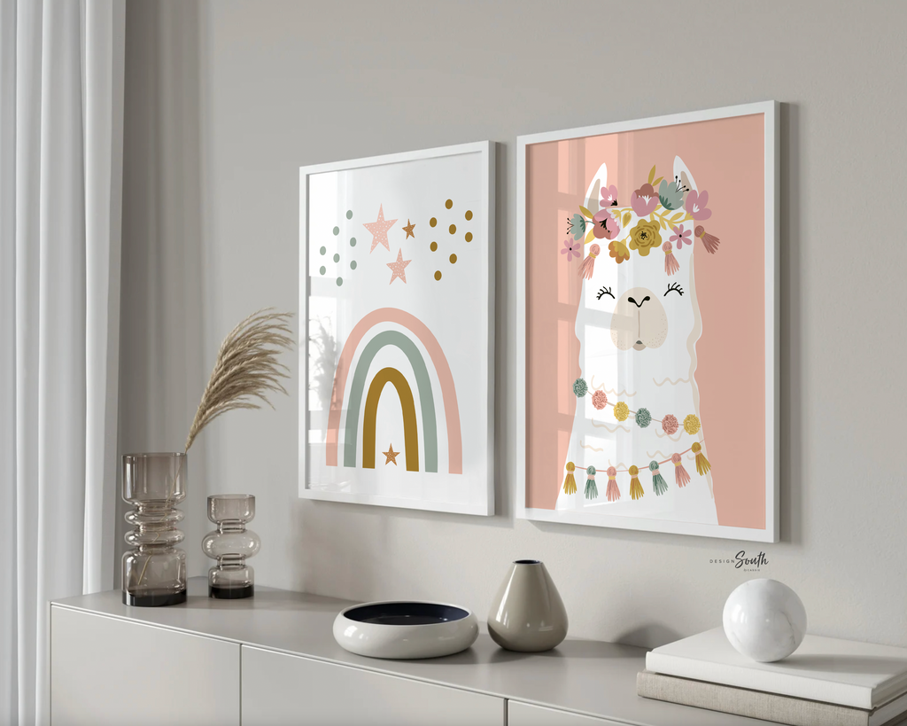 Boho nursery decor, boho nursery wall art idea, print set llama mauve pink succulents, llama themed baby room, wall decor girl bedroom llama