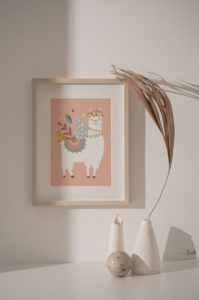 Boho nursery decor, boho nursery wall art idea, print set llama mauve pink succulents, llama themed baby room, wall decor girl bedroom llama