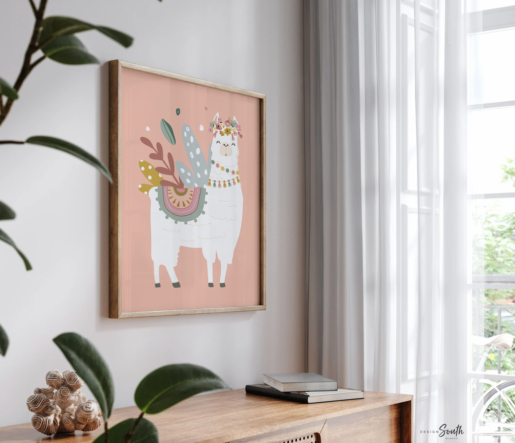 Boho nursery decor, boho nursery wall art idea, print set llama mauve pink succulents, llama themed baby room, wall decor girl bedroom llama