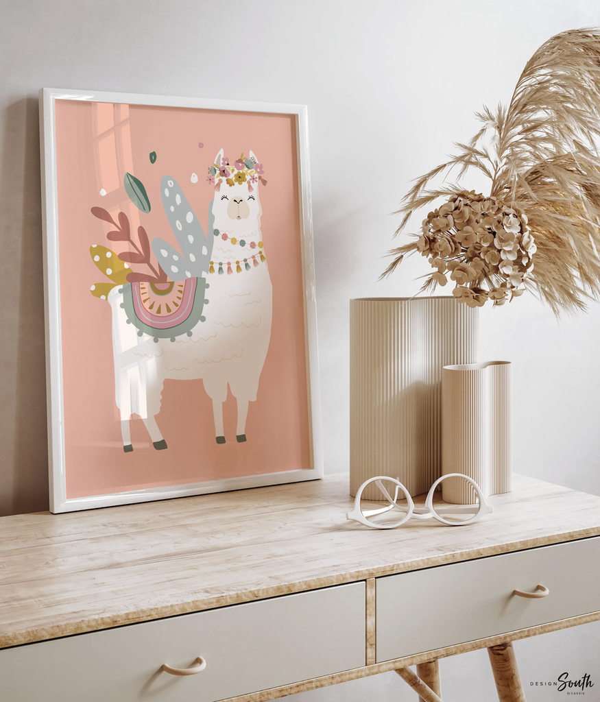 Boho nursery decor, boho nursery wall art idea, print set llama mauve pink succulents, llama themed baby room, wall decor girl bedroom llama