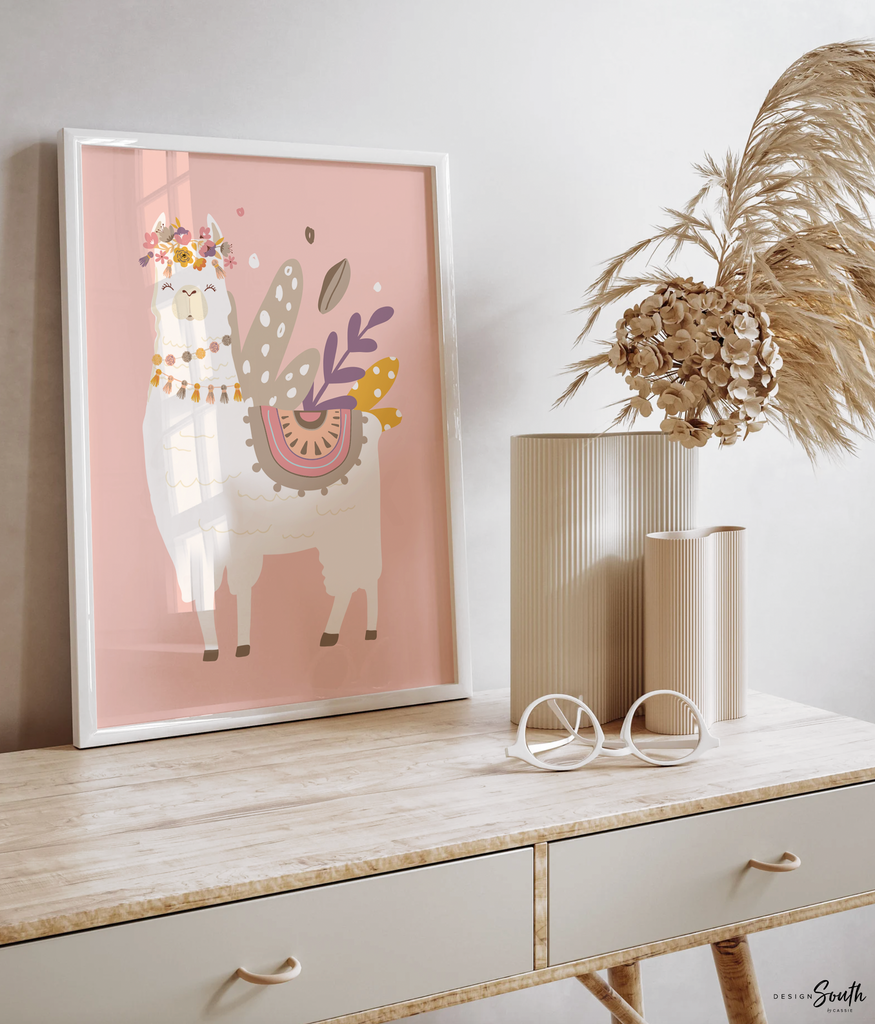 Baby girl nursery muted pink, floral llama pale pinks, baby alpaca decor mauve, crown animal llama pictures print set, bedroom girl's name