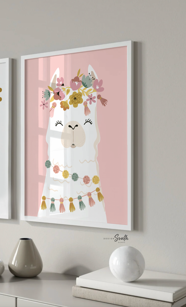 Baby girl nursery muted pink, floral llama pale pinks, baby alpaca decor mauve, crown animal llama pictures print set, bedroom girl's name