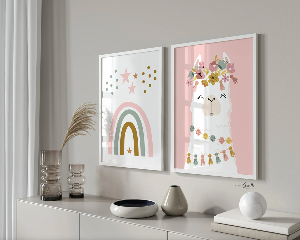 Abcs stars rainbows pink boho baby room decor, baby girl nursery ideas mauve pink, bohemian style nursery art print set for girl, personalized gift girl boho llama