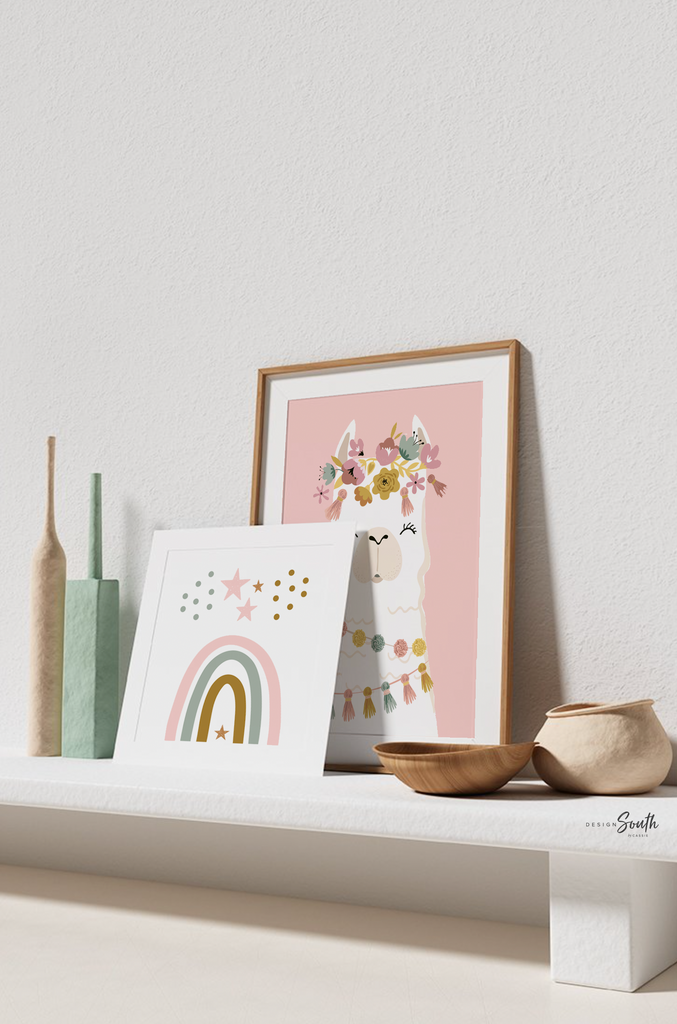 Abcs stars rainbows pink boho baby room decor, baby girl nursery ideas mauve pink, bohemian style nursery art print set for girl, personalized gift girl boho llama