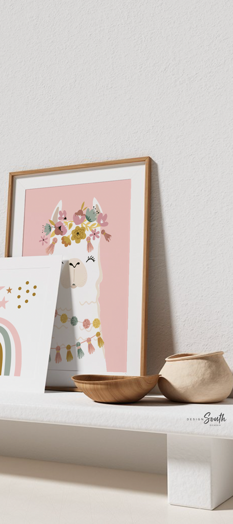 Baby girl nursery muted pink, floral llama pale pinks, baby alpaca decor mauve, crown animal llama pictures print set, bedroom girl's name