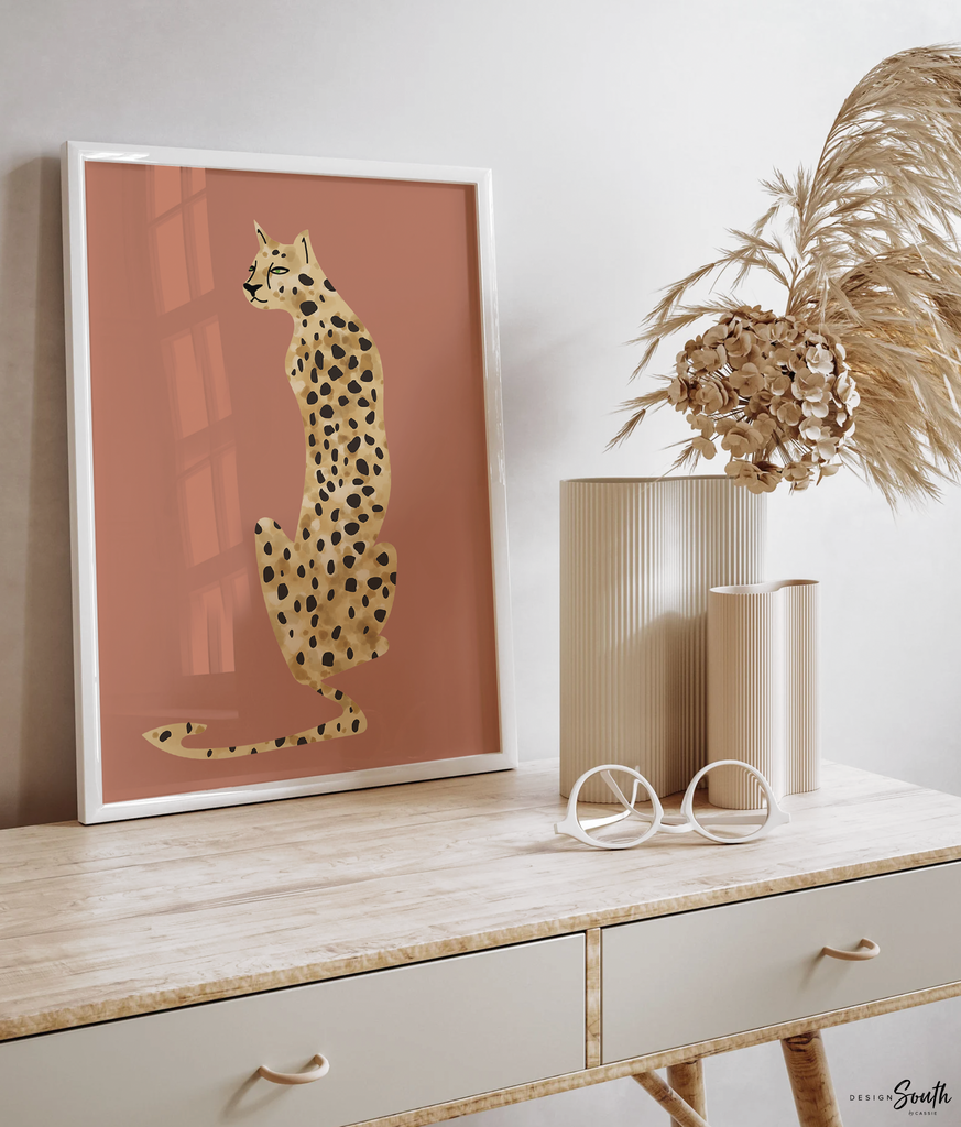 Boho terracotta vintage art, leopard cheetah prints, terracotta jungle cheetah, neutral vintage safari nursery art personalized name animal