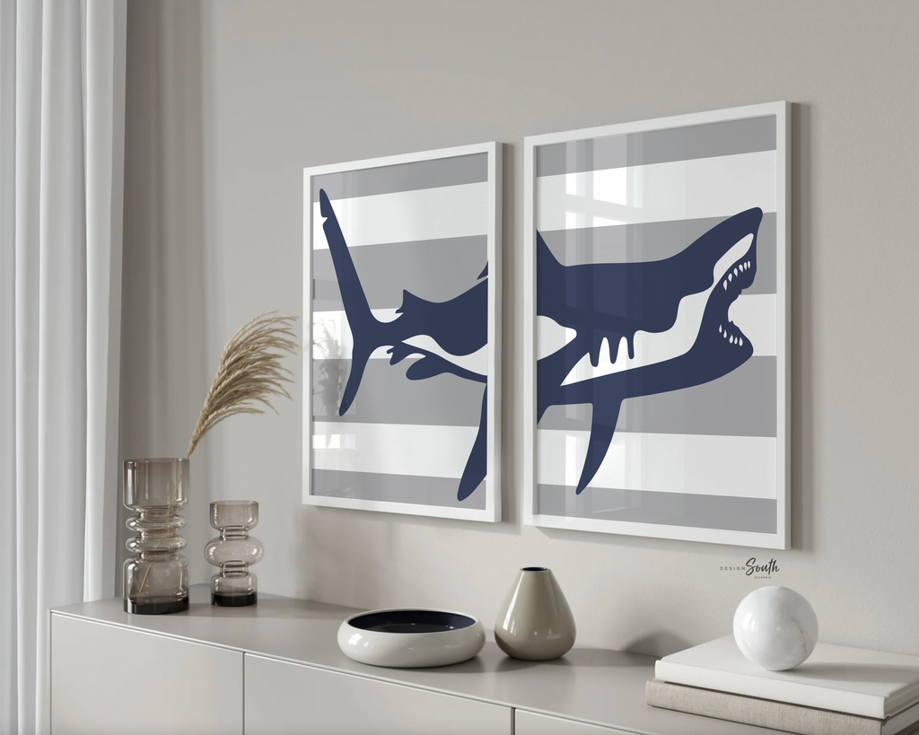 Shark bathroom decor, boys shark bathroom, boys bathroom wall art idea, shark gift for boy, shark theme bathroom, wash brush floss navy gray