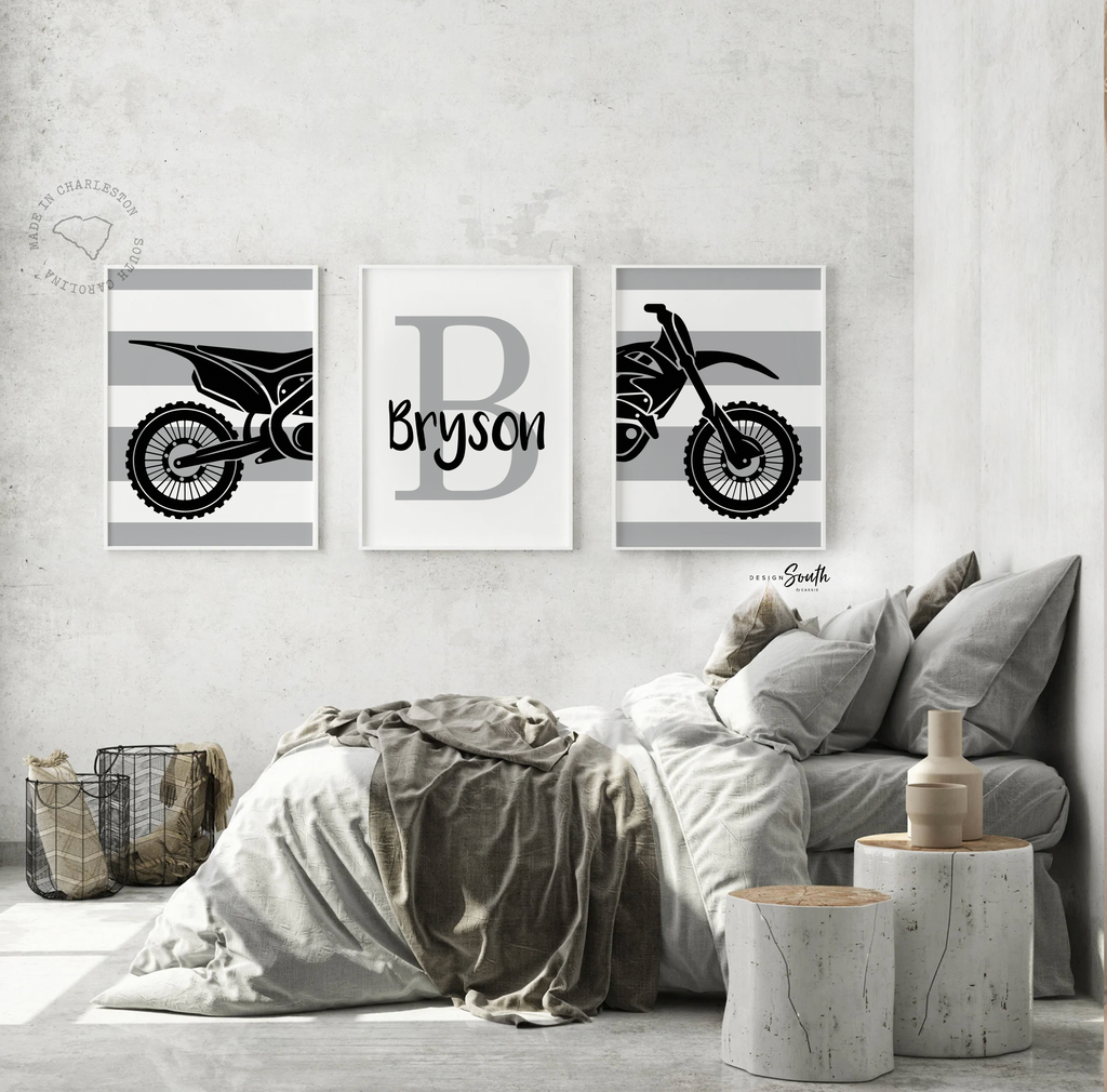 Black gray dirt bike themed room decor ideas, customized name motocross dirt bike wall art boys room, dirt bike theme bedroom playroom nursery, boys gift