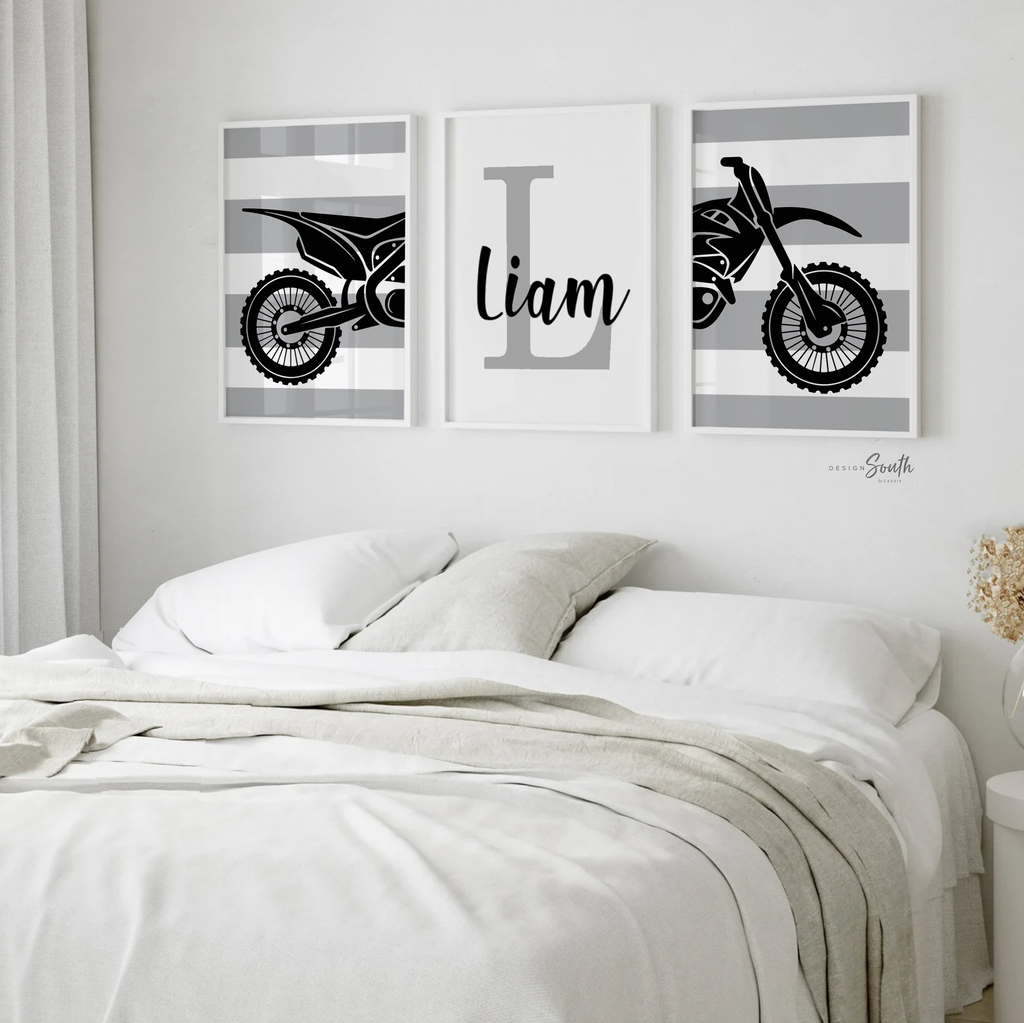 Boy's motocross, dirt bike themed sports kids birthday party gift, personalized boys name, orange and black dirt bike room decor motocross