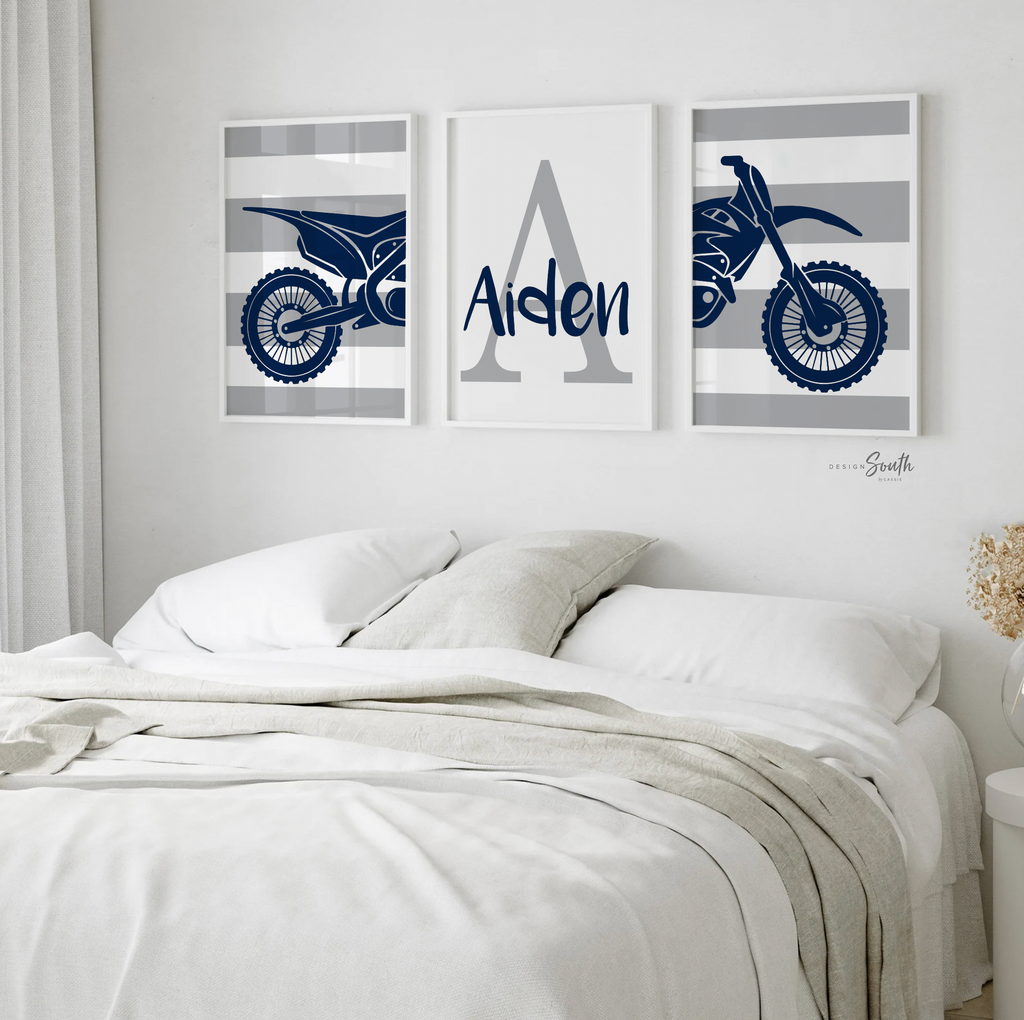 Dirt bike themed room decorating accessories, kids racing bedroom, personalized kids name decor art print, motocross bedroom theme for boy,