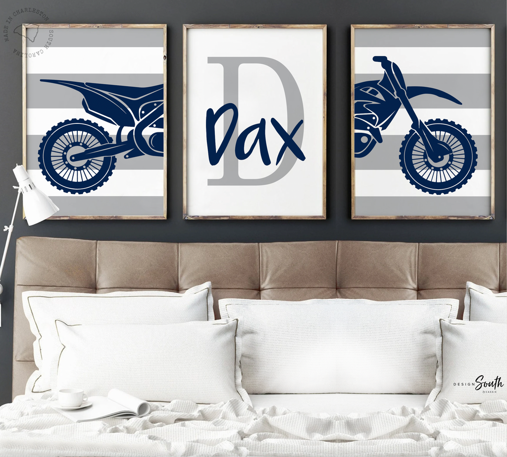 Dirt bike themed room decorating accessories, kids racing bedroom, personalized kids name decor art print, motocross bedroom theme for boy,