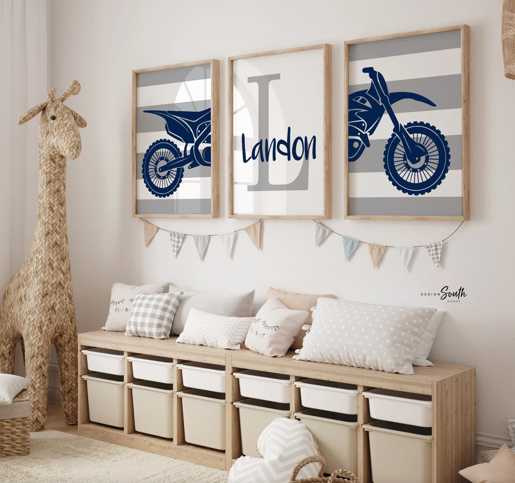 Dirt bike themed room decorating accessories, kids racing bedroom, personalized kids name decor art print, motocross bedroom theme for boy,