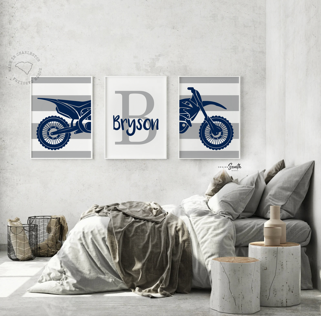 Dirt bike themed room decorating accessories, kids racing bedroom, personalized kids name decor art print, motocross bedroom theme for boy,