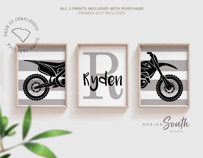 Black gray dirt bike themed room decor ideas, customized name motocross dirt bike wall art boys room, dirt bike theme bedroom playroom nursery, boys gift