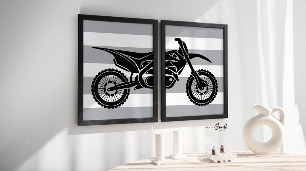 Black gray dirt bike themed room decor ideas, customized name motocross dirt bike wall art boys room, dirt bike theme bedroom playroom nursery, boys gift
