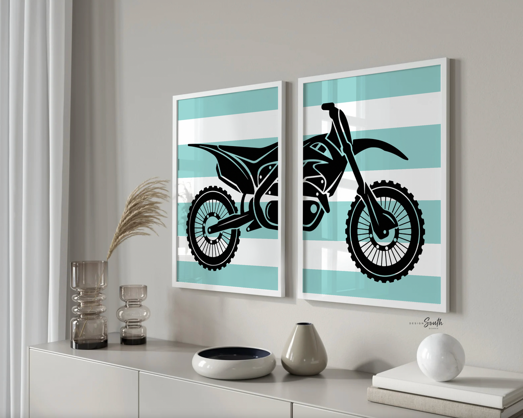 Boys black dirt bikes bedroom decor, motocross bedroom wall art for boys, customized bedroom art boys dirt bikes, black aqua dirt bike name