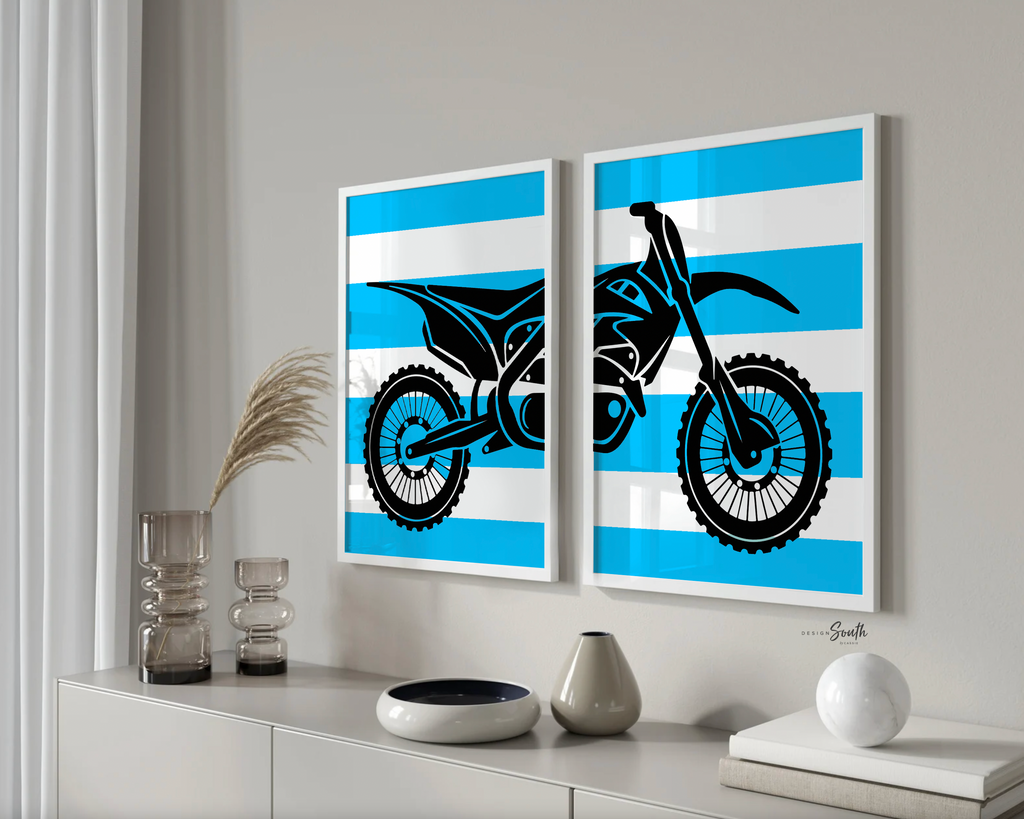 Boy's motocross, dirt bike themed sports kids birthday party gift, personalized boys name, orange and black dirt bike room decor motocross cyan