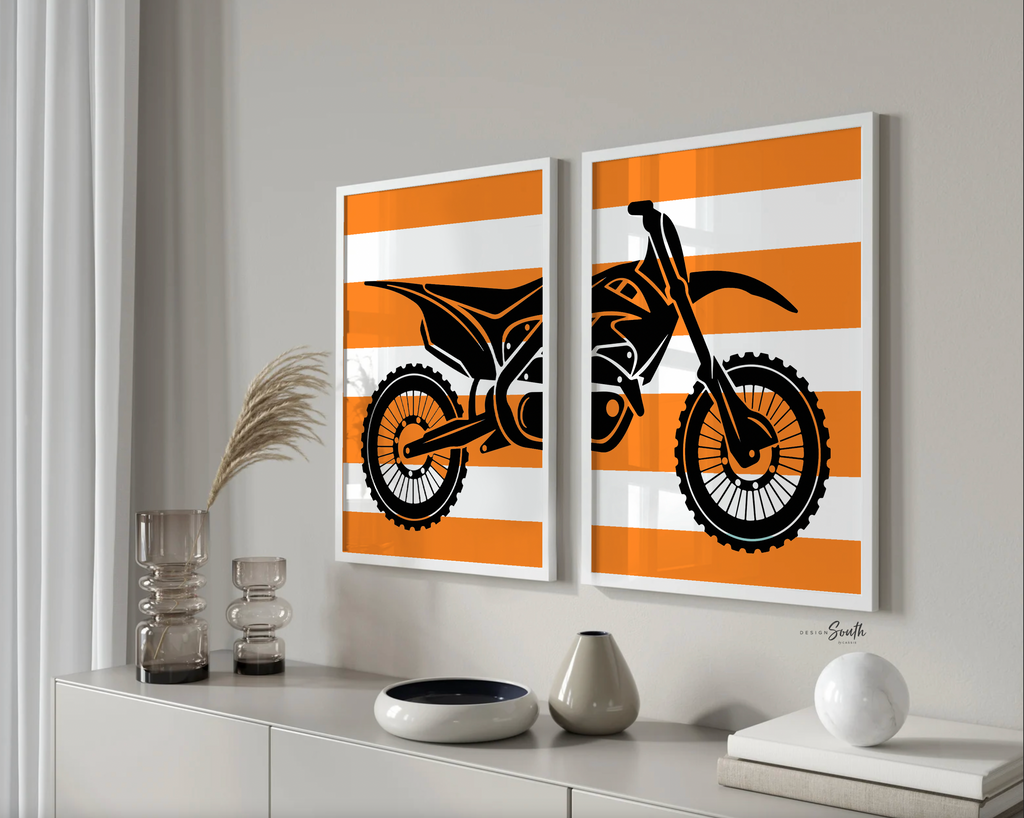 Boy's motocross, dirt bike themed sports kids birthday party gift, personalized boys name, orange and black dirt bike room decor motocross orange