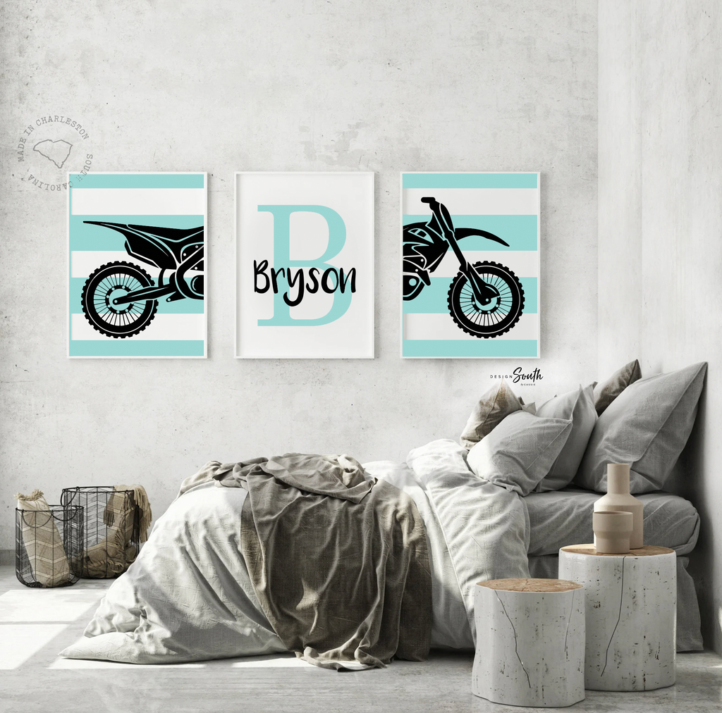 Boys black dirt bikes bedroom decor, motocross bedroom wall art for boys, customized bedroom art boys dirt bikes, black aqua dirt bike name