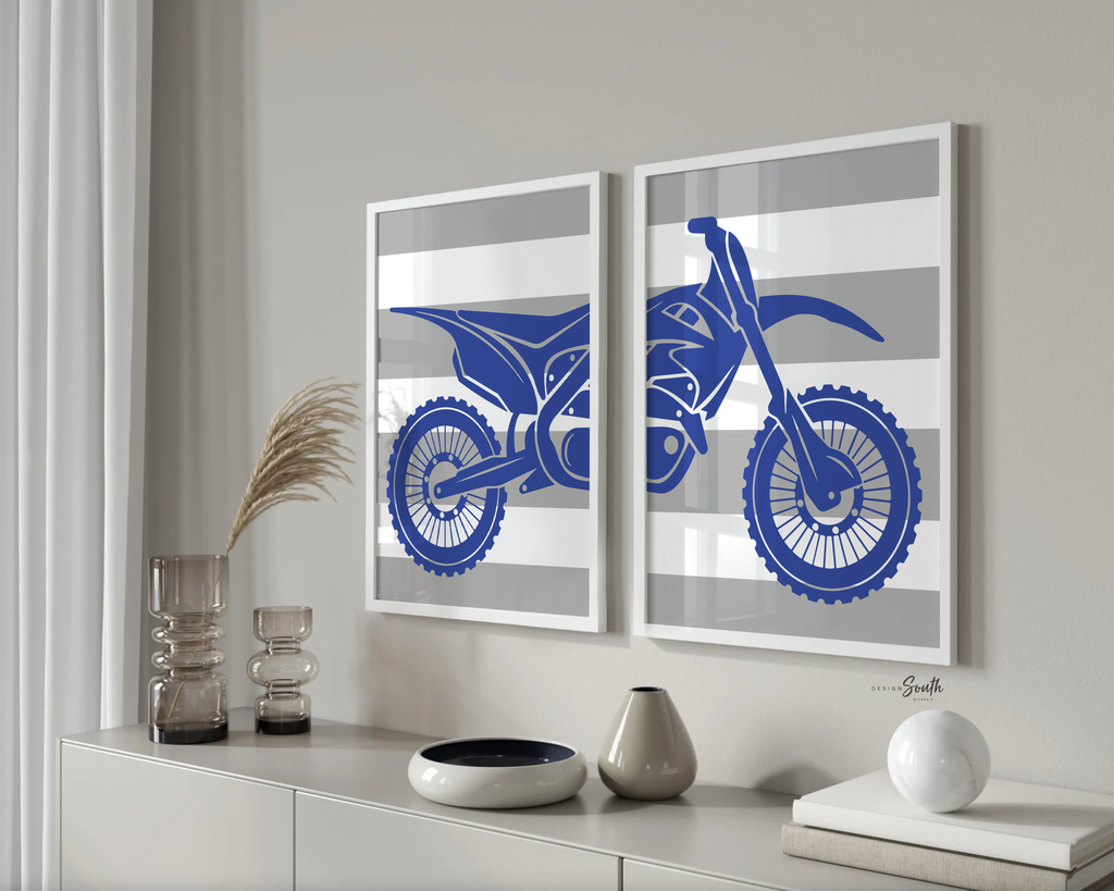 Boys cobalt blue and gray bedroom dirt bike theme, boys cobalt blue gray big boy bedroom, modern kids room dirt bikes, blue gray motocross