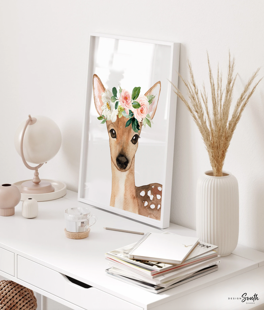 Blush pink baby deer nursery for girls, fawn nursery art, nursery decor pink fawn, baby girl woodland, pink woodland nursery, baby deer