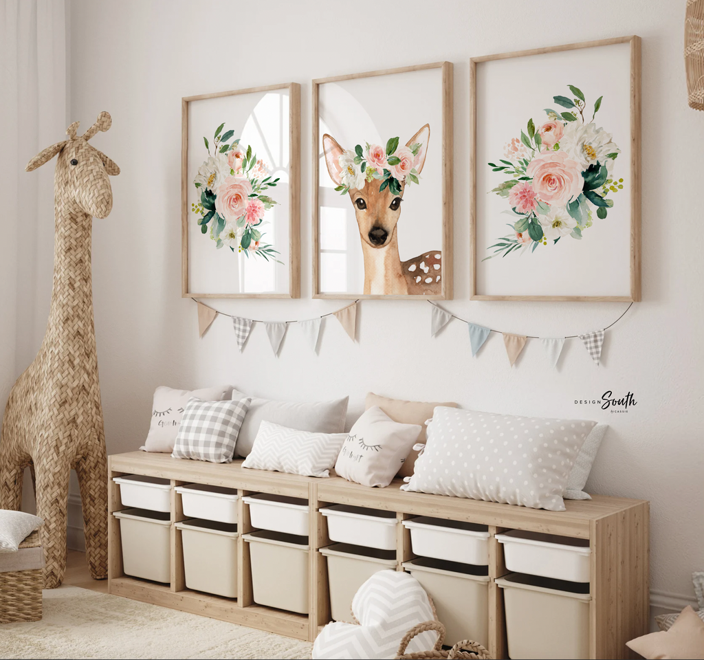 Baby girl pink nursery woodland animals, name art gift baby girl, baby shower cute animals, watercolor nursery art, personalized baby gift