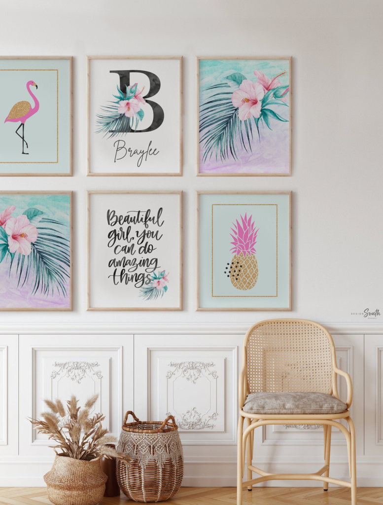 Teal pink and gold nursery, teal gold pink girl's room wall art, little girl tropical decor, beautiful girl you can do amazing things quote
