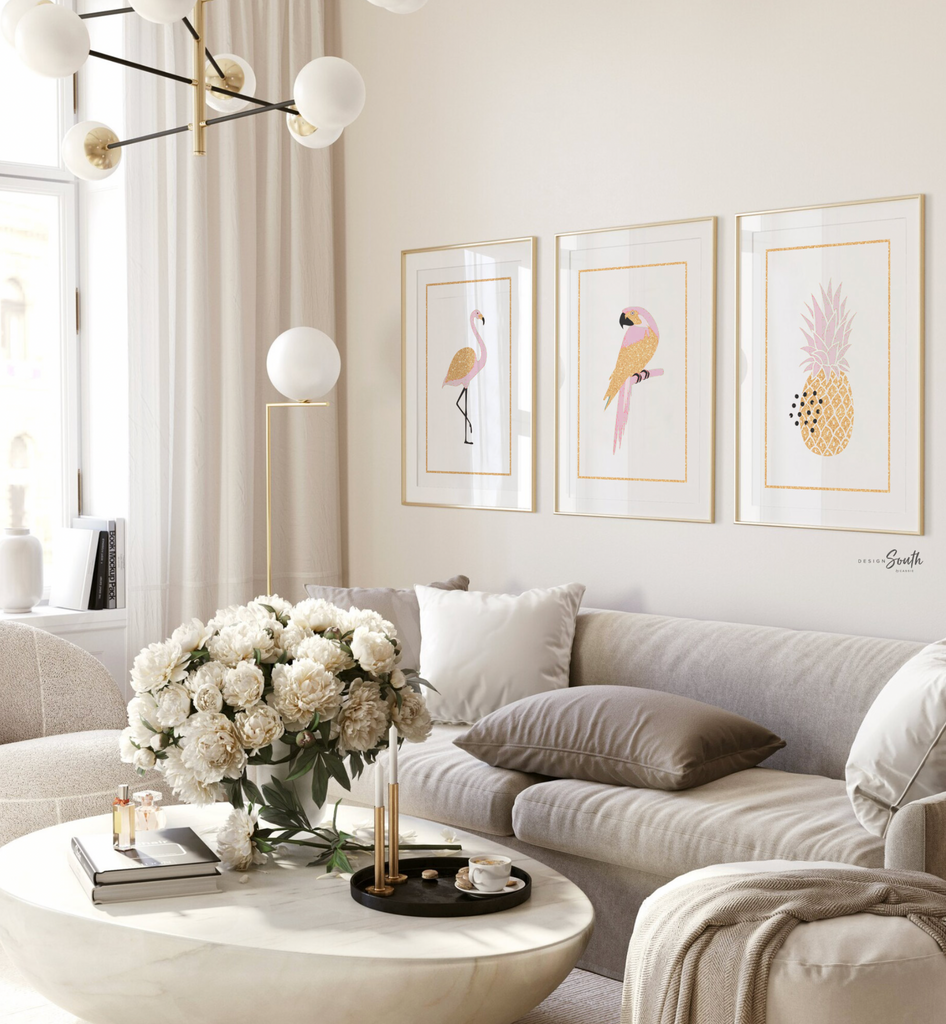 Pink flamingo girl art, flamingo gift for girl, tropical nursery theme decor, pink gold nursery art, flamingo pineapple art print set of 3