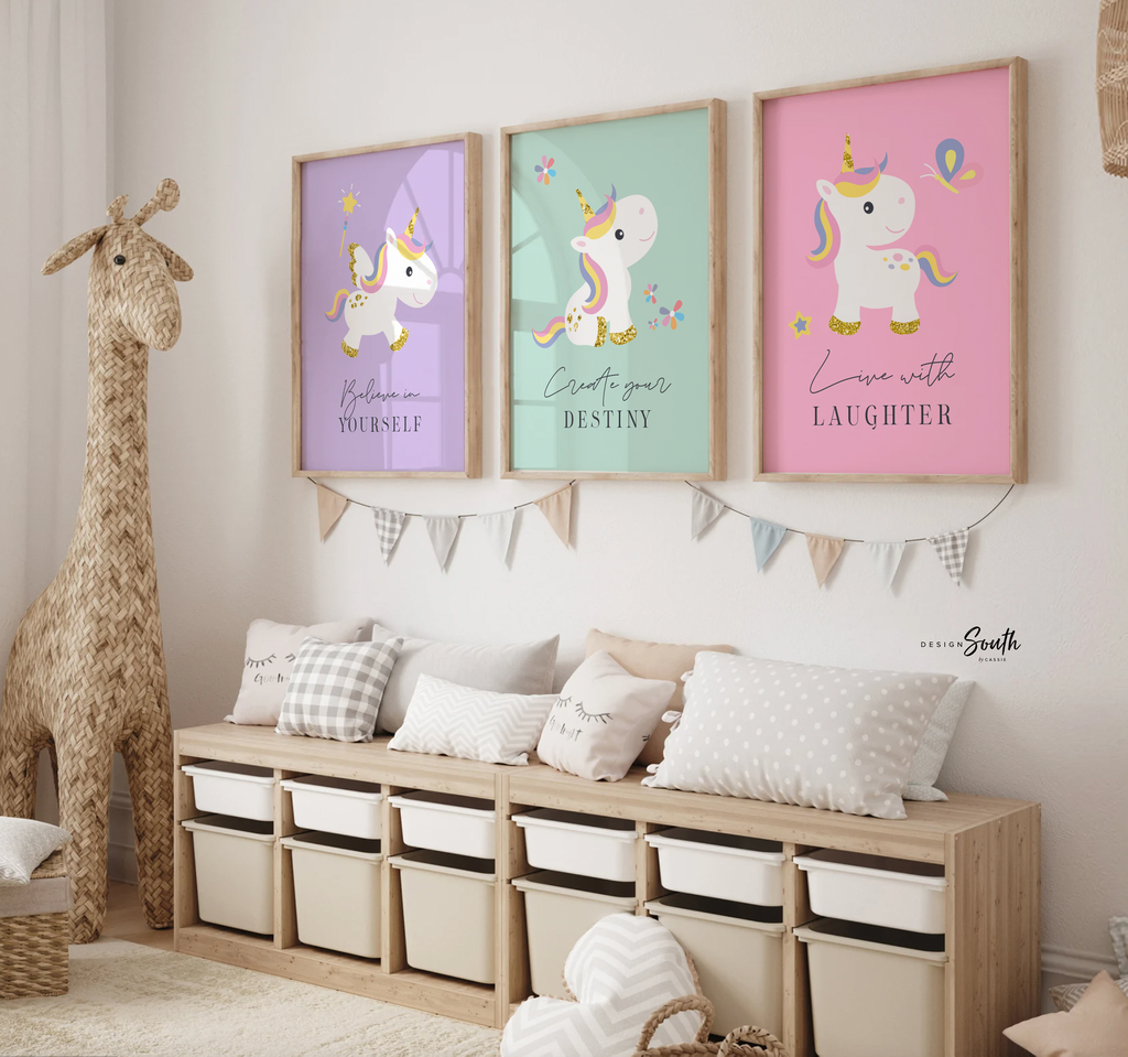 Pastel unicorn nursery art set of four 4, rainbows butterflies unicorns flowers decor, cute baby unicorn nursery wall art prints, pastel art