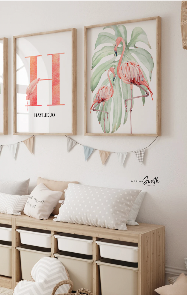 Tropical flamingo nursery, pink green nursery tropical baby, monstera leaf tropical theme baby, trendy nursery wall art decor baby girl gift