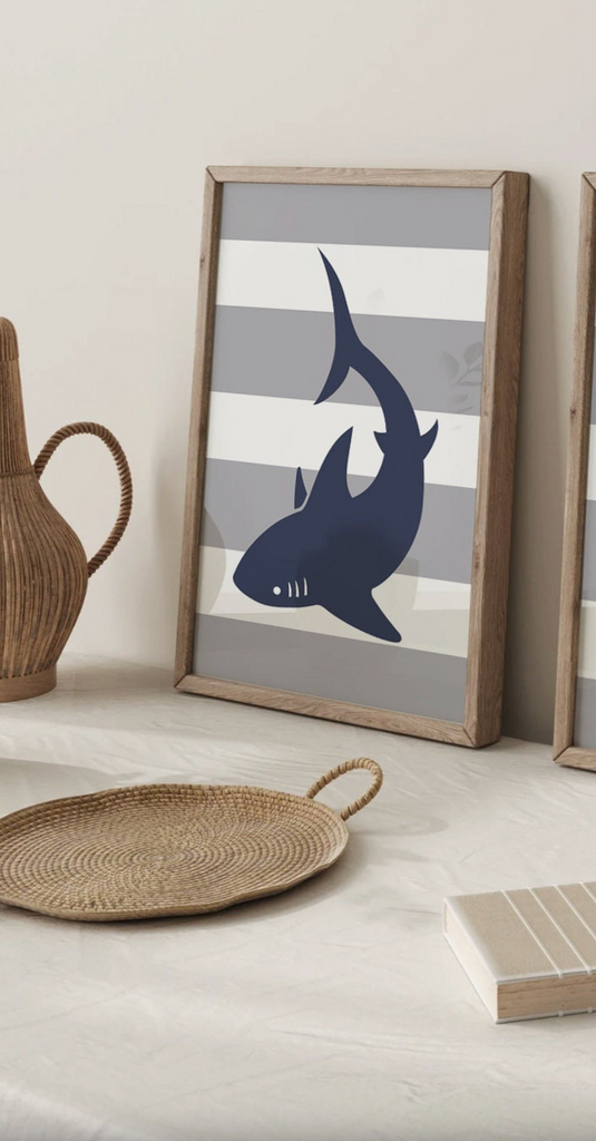 Boys gray and navy blue shark bathroom, kids bathroom sharks, boys nautical bathroom, wall shark prints for boys, ideas for toddler bathroom