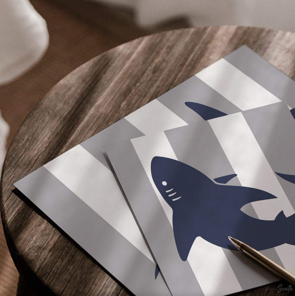 Boys gray and navy blue shark bathroom, kids bathroom sharks, boys nautical bathroom, wall shark prints for boys, ideas for toddler bathroom