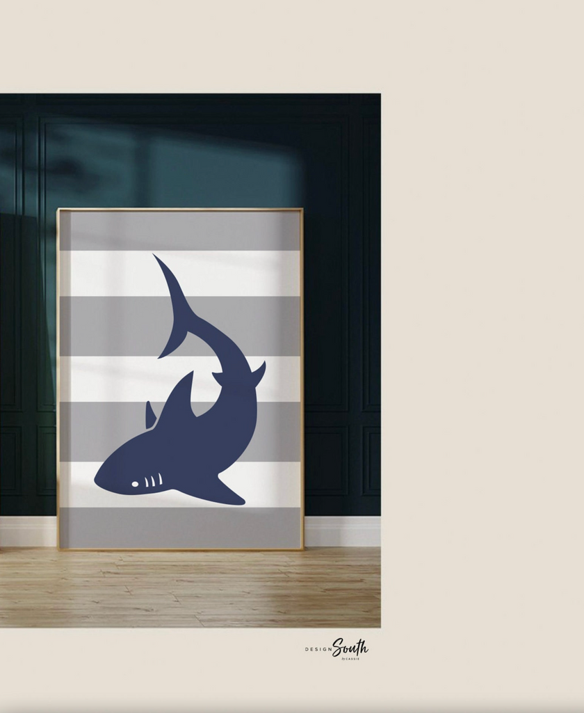 Boys gray and navy blue shark bathroom, kids bathroom sharks, boys nautical bathroom, wall shark prints for boys, ideas for toddler bathroom