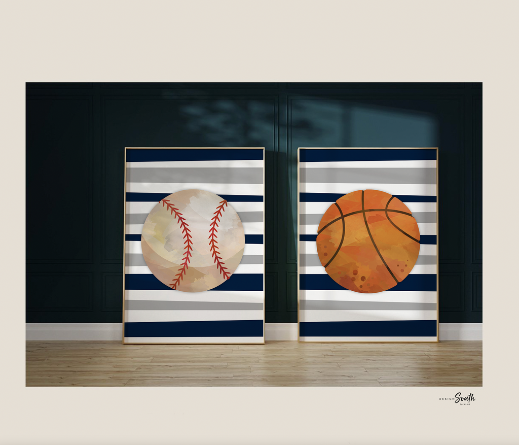 Blue sports art, sports wall prints customized kids name, nursery decor sports theme, set of three above crib sports, boy bedroom sports art